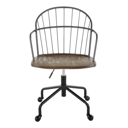 Farmhouse adjustable office chair with dark brown wood seat and metal back, swivel base on Tampa Home & Garden Store