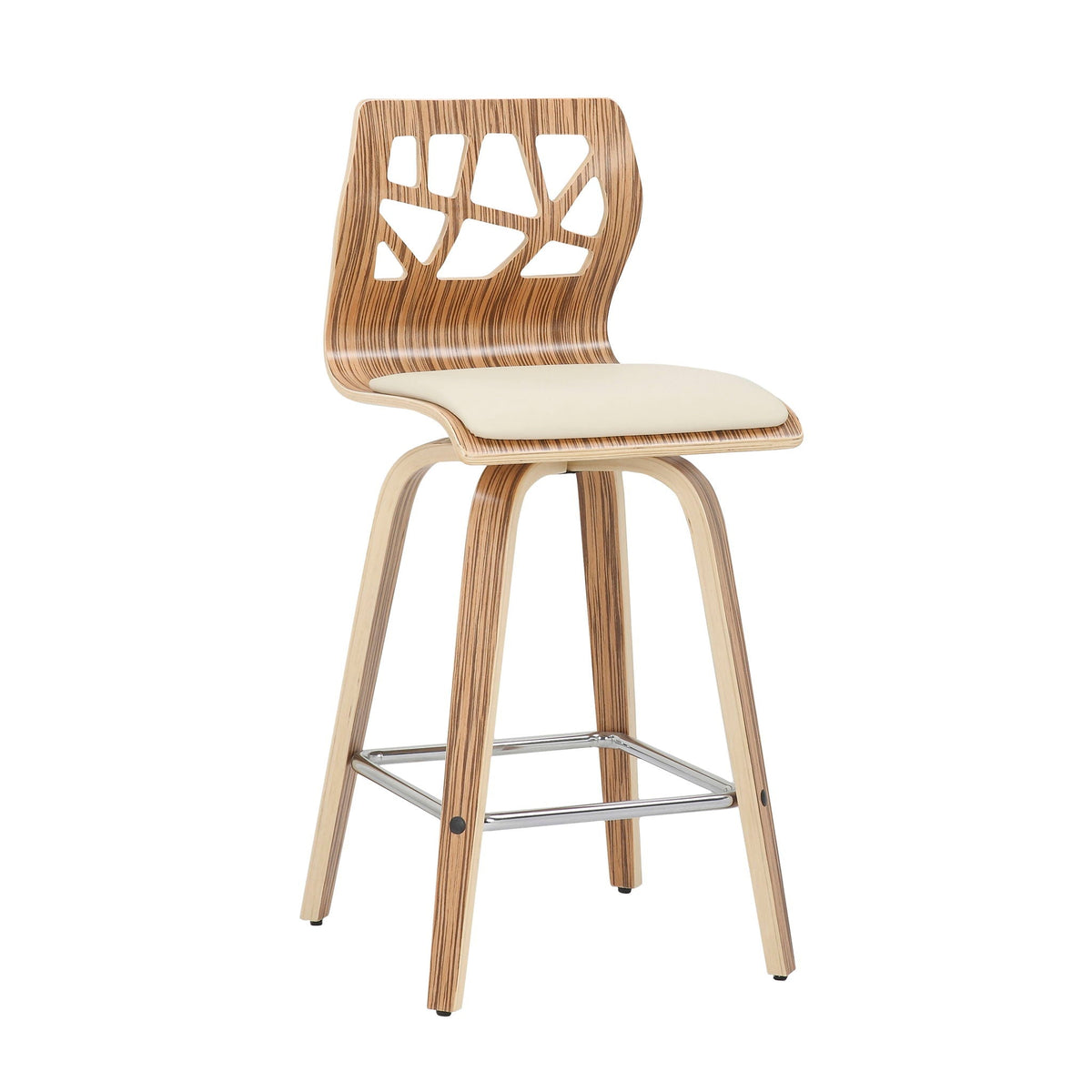 Folia mid-century counter stools set of 2 with striped wood veneer frames and cream seats on Tampa Home & Garden Store