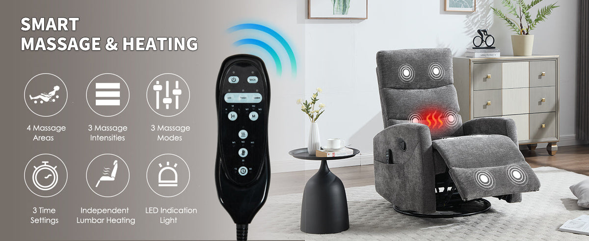 Heat Massage Manual Recliner Chair in gray fabric by HouseOfZazla with remote control on Tampa Home & Garden Store