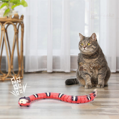 Tricky Interactive Sleeping Snake Toy, red segmented with black stripes on floor cat watches on Tampa Home & Garden Store