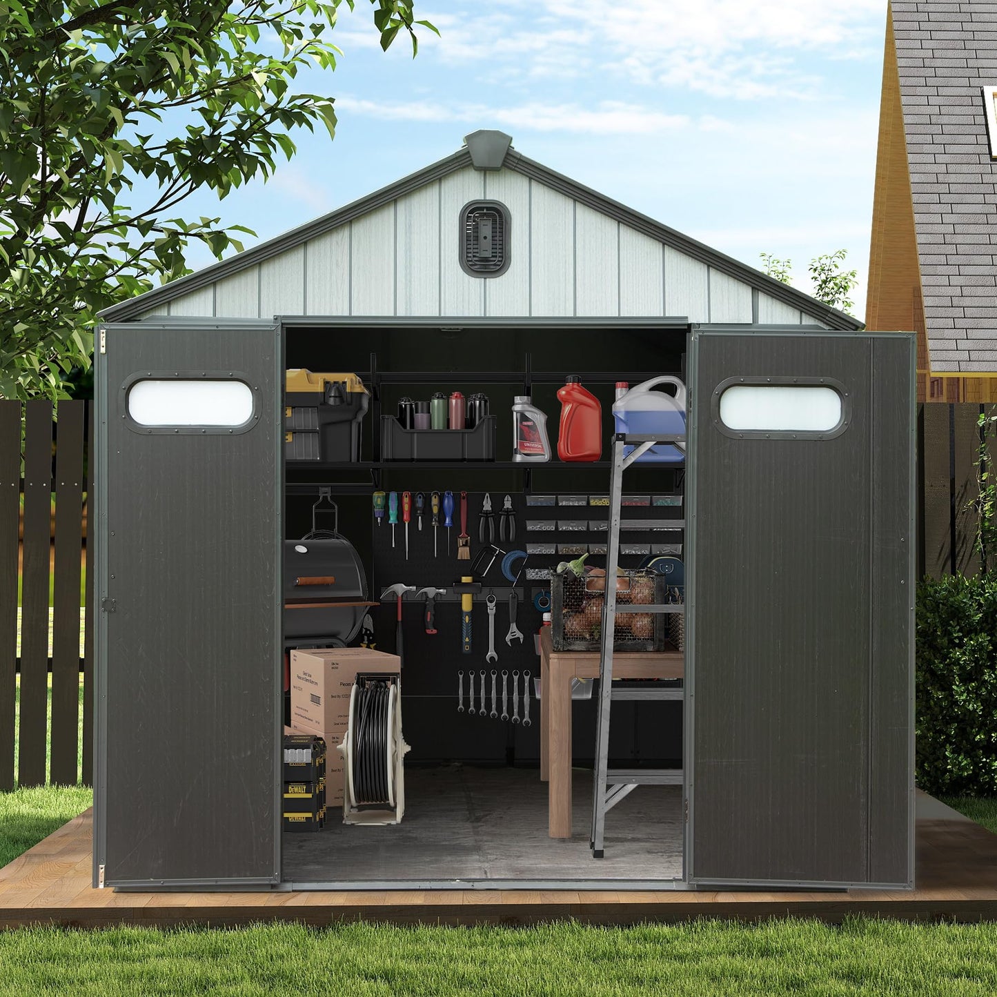 8x8ft resin outdoor storage shed with lockable double doors, dark gray exterior, organized tools on Tampa Home & Garden Store