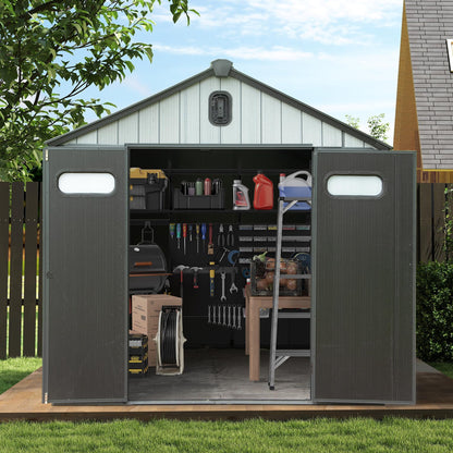8x8ft resin outdoor storage shed with lockable double doors, dark gray exterior, organized tools on Tampa Home & Garden Store