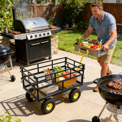 Outdoor wagon cart with black metal frame and yellow wheels carrying fresh vegetables on Tampa Home & Garden Store