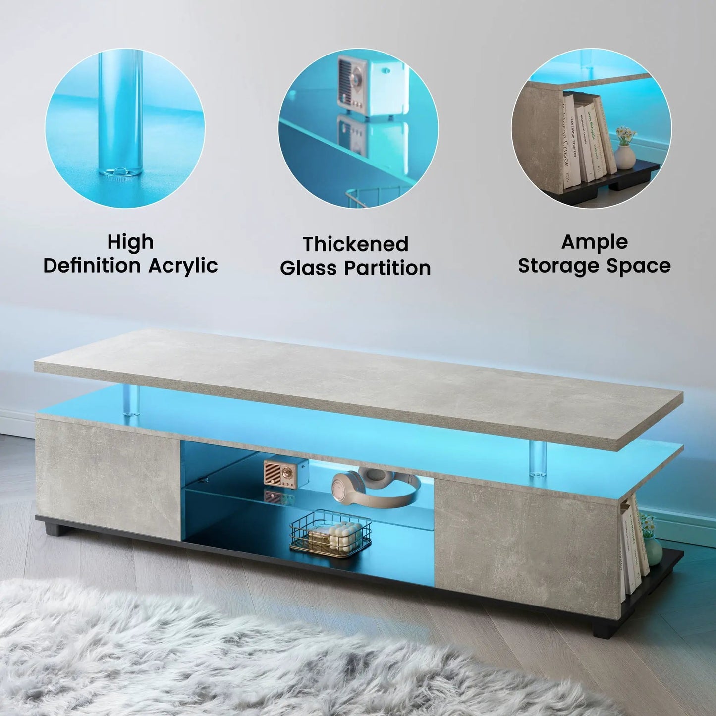 TV Stand with LED lighting and large side cabinet in gray concrete finish on Tampa Home & Garden Store