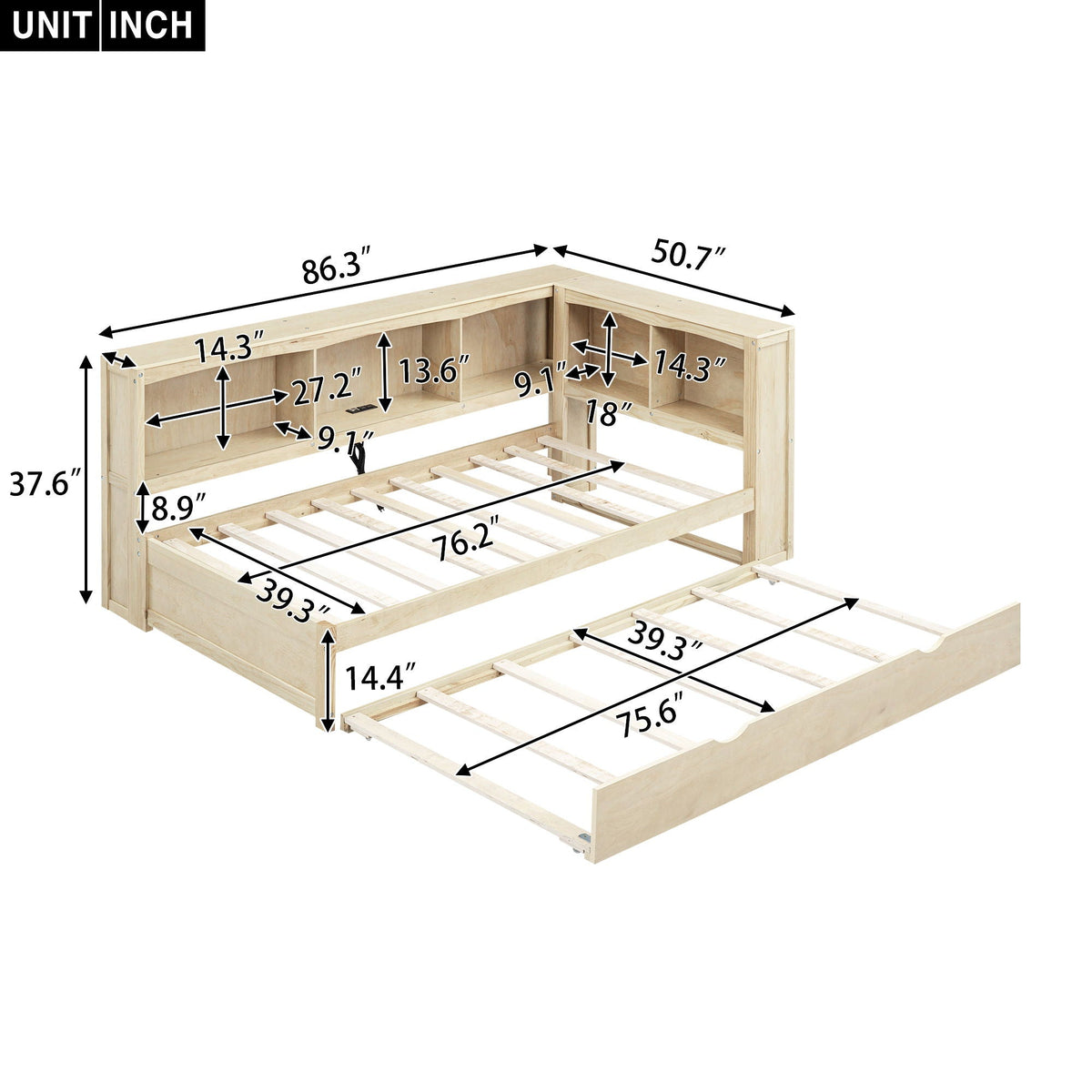 Daybed with trundle and storage cabinets in light wood by HouseOfZazla; USB ports on Tampa Home & Garden Store