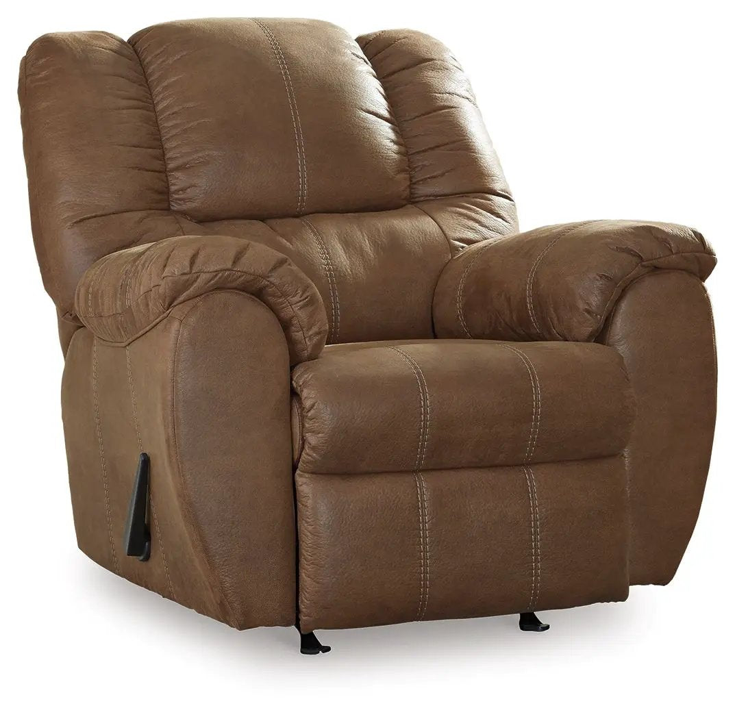 McGann Rocker Recliner, brown leather with contrast stitching and plush padded arms on Tampa Home & Garden Store