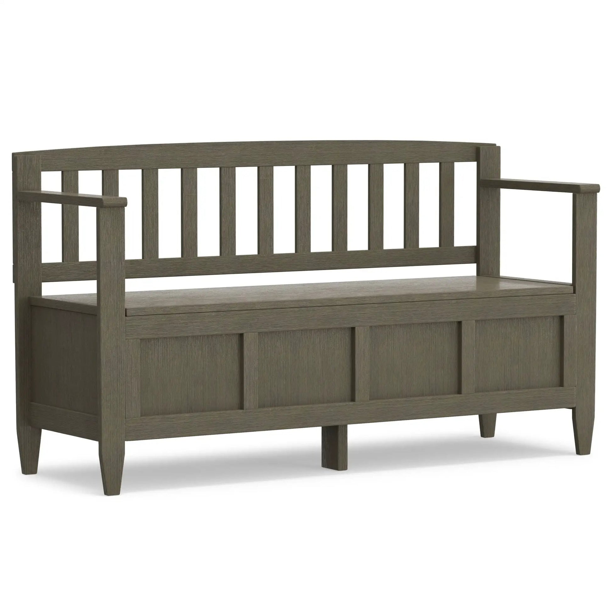 Brooklyn Handcrafted entryway storage bench in gray-brown wood with slatted back and arms on Tampa Home & Garden Store