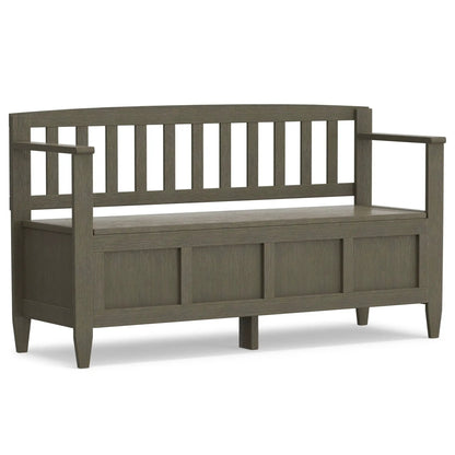 Brooklyn Handcrafted entryway storage bench in gray-brown wood with slatted back and arms on Tampa Home & Garden Store