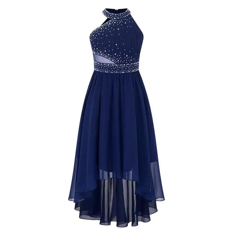 Lace mesh dress in navy with pearl halter bodice and high-low chiffon FLIPSTYLEZLLC on Tampa Home & Garden Store