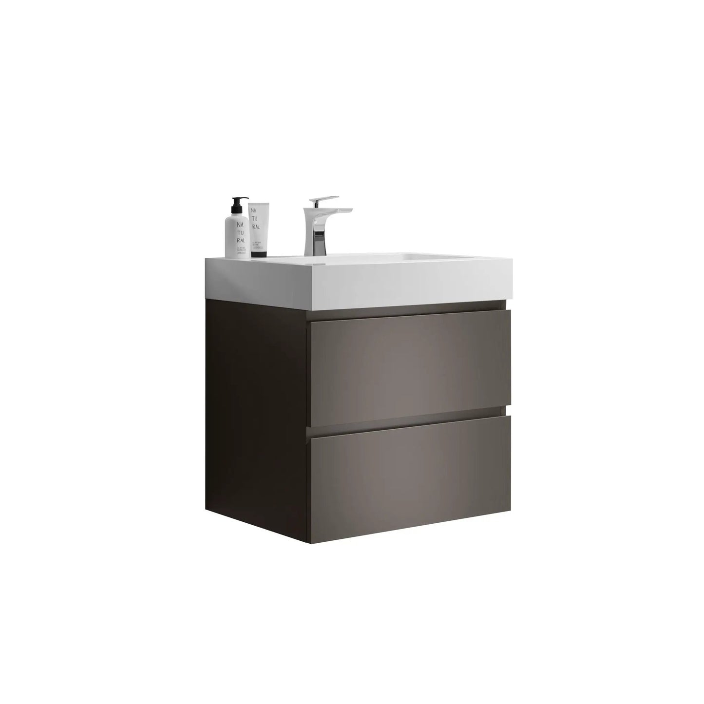 Alice bathroom vanity with sink, white top on dark brown cabinet, chrome faucet, modern storage on Tampa Home & Garden Store
