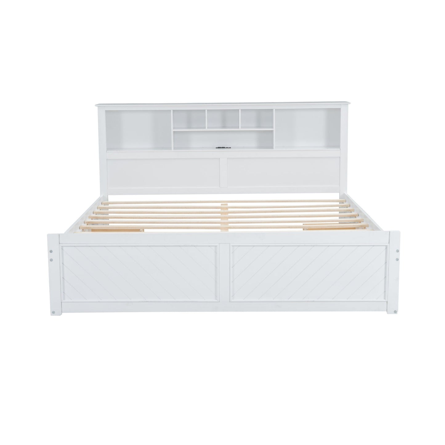 Platform bed with multi-storage headboard in white, built-in cubbies and drawers, slat base on Tampa Home & Garden Store