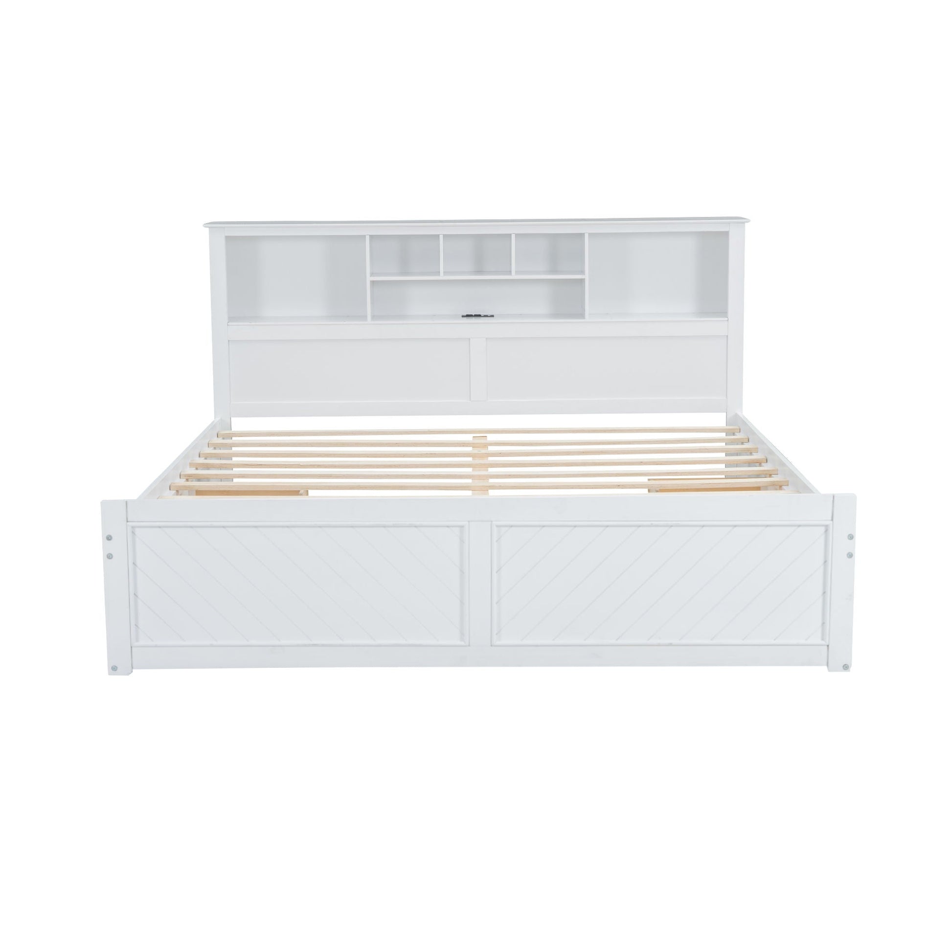 Platform bed with multi-storage headboard in white, built-in cubbies and drawers, slat base on Tampa Home & Garden Store