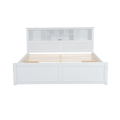 Platform bed with multi-storage headboard in white, built-in cubbies and drawers, slat base on Tampa Home & Garden Store