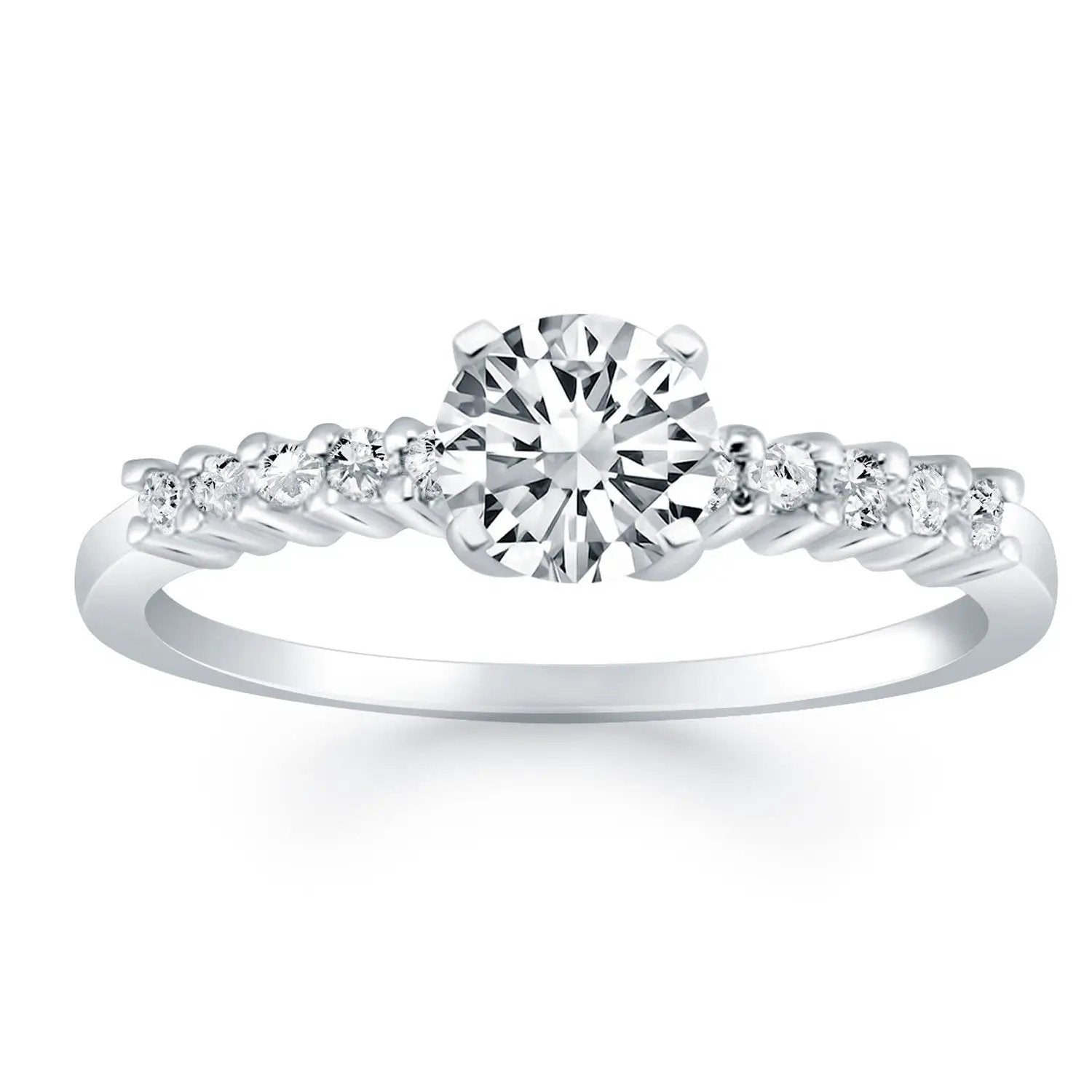 14k white gold engagement ring with a large center diamond and shared-prong accent diamonds along the band on Tampa Home & Garden Store