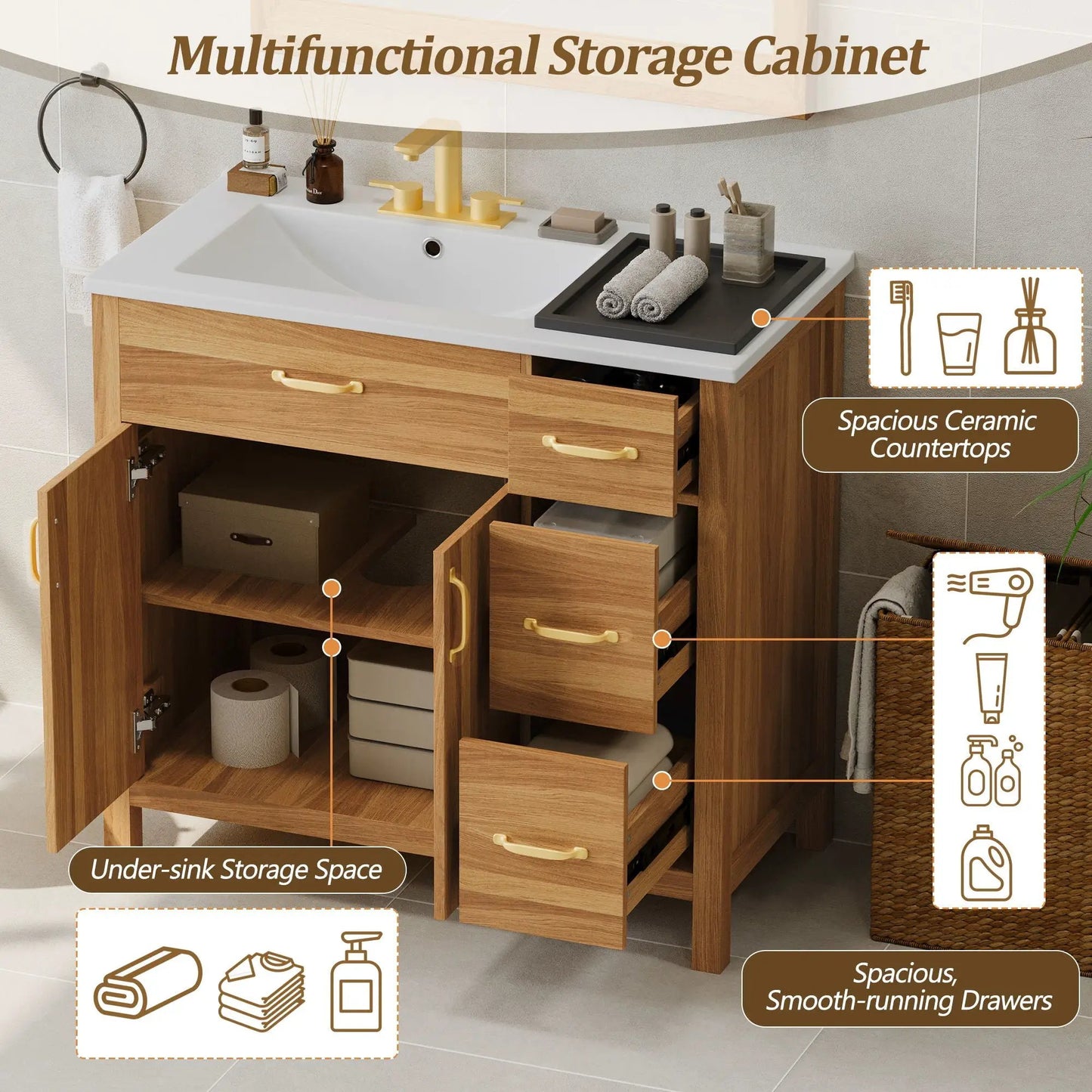 Bathroom Vanity 2 Soft Close Doors and 3 Drawers