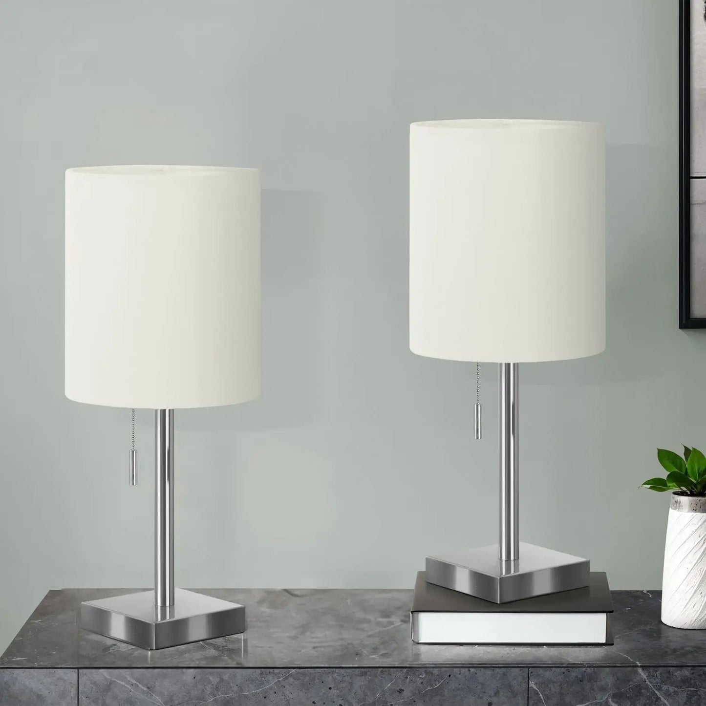 Table lamp set, nickel finish with white fabric shades, contemporary (2-pack) on Tampa Home & Garden Store