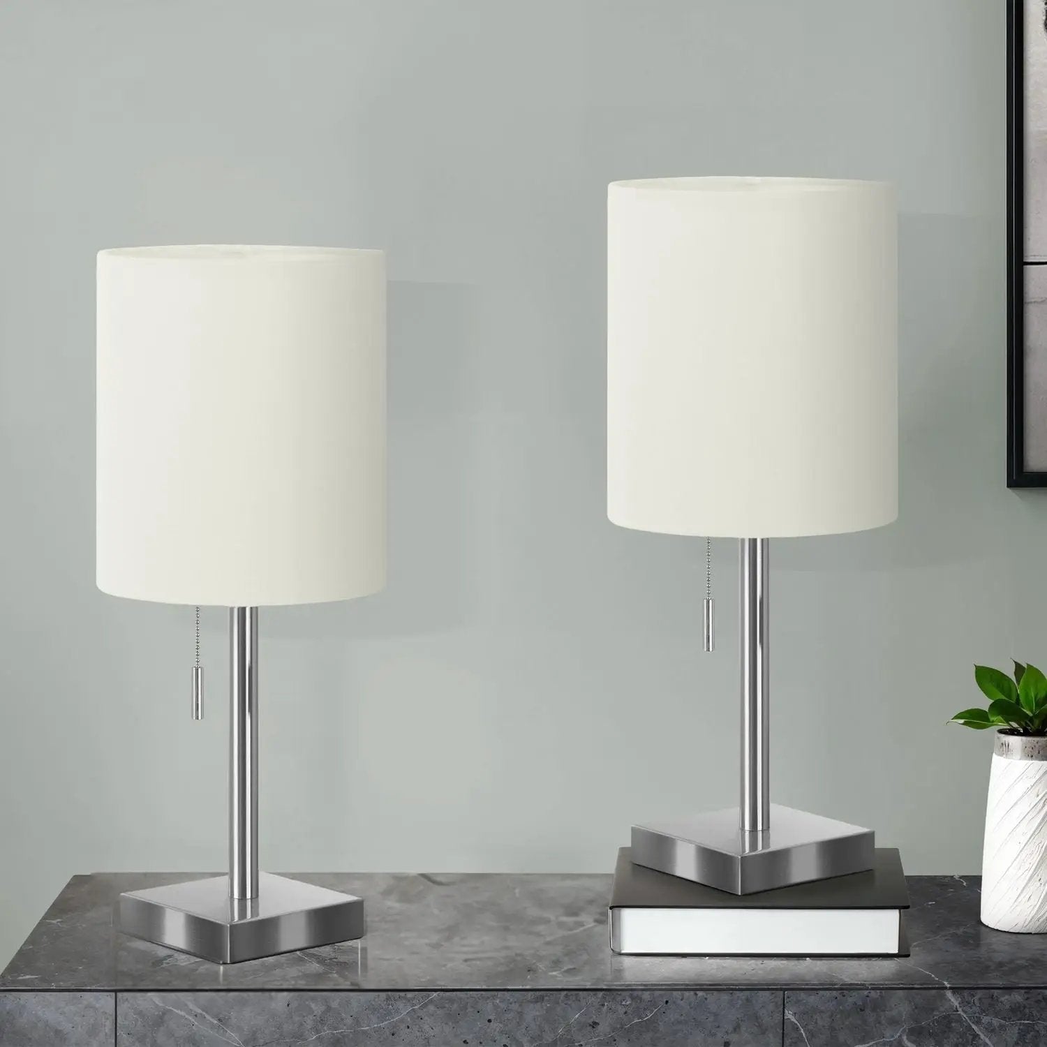 Table lamp set, nickel finish with white fabric shades, contemporary (2-pack) on Tampa Home & Garden Store