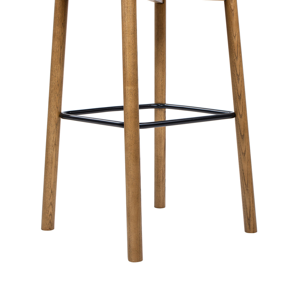 Modern minimalist low back barstool with walnut wood legs and black iron footrest on Tampa Home & Garden Store