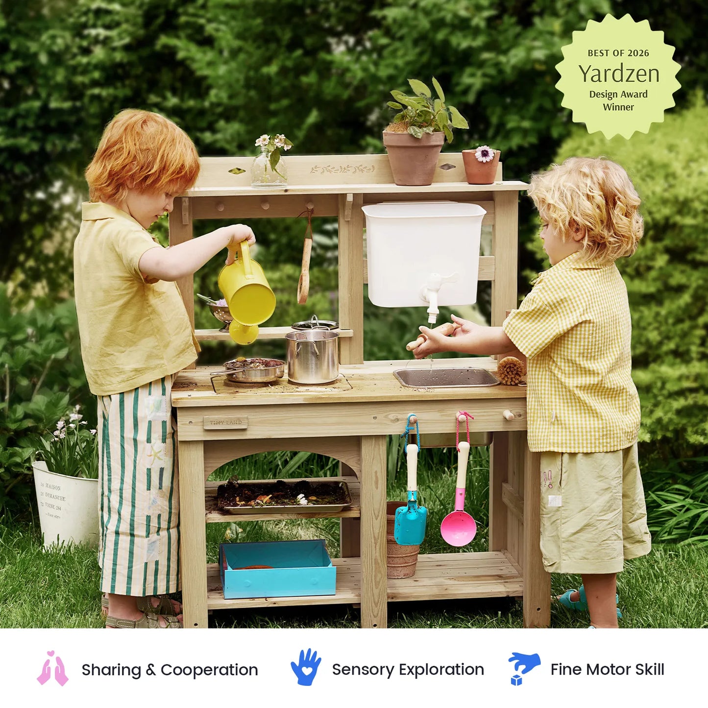 Tiny Land Mud Kitchen DuoPlay outdoor play kitchen, wooden, two kids playing in a garden on Tampa Home & Garden Store