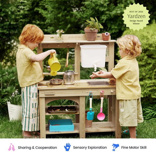 Tiny Land Mud Kitchen DuoPlay outdoor play kitchen, wooden, two kids playing in a garden on Tampa Home & Garden Store