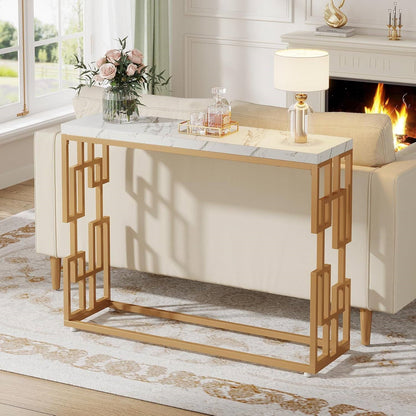 42-inch Modern Console Sofa Table with White Faux Marble Top and Gold Frame - Tampa Home & Garden Store