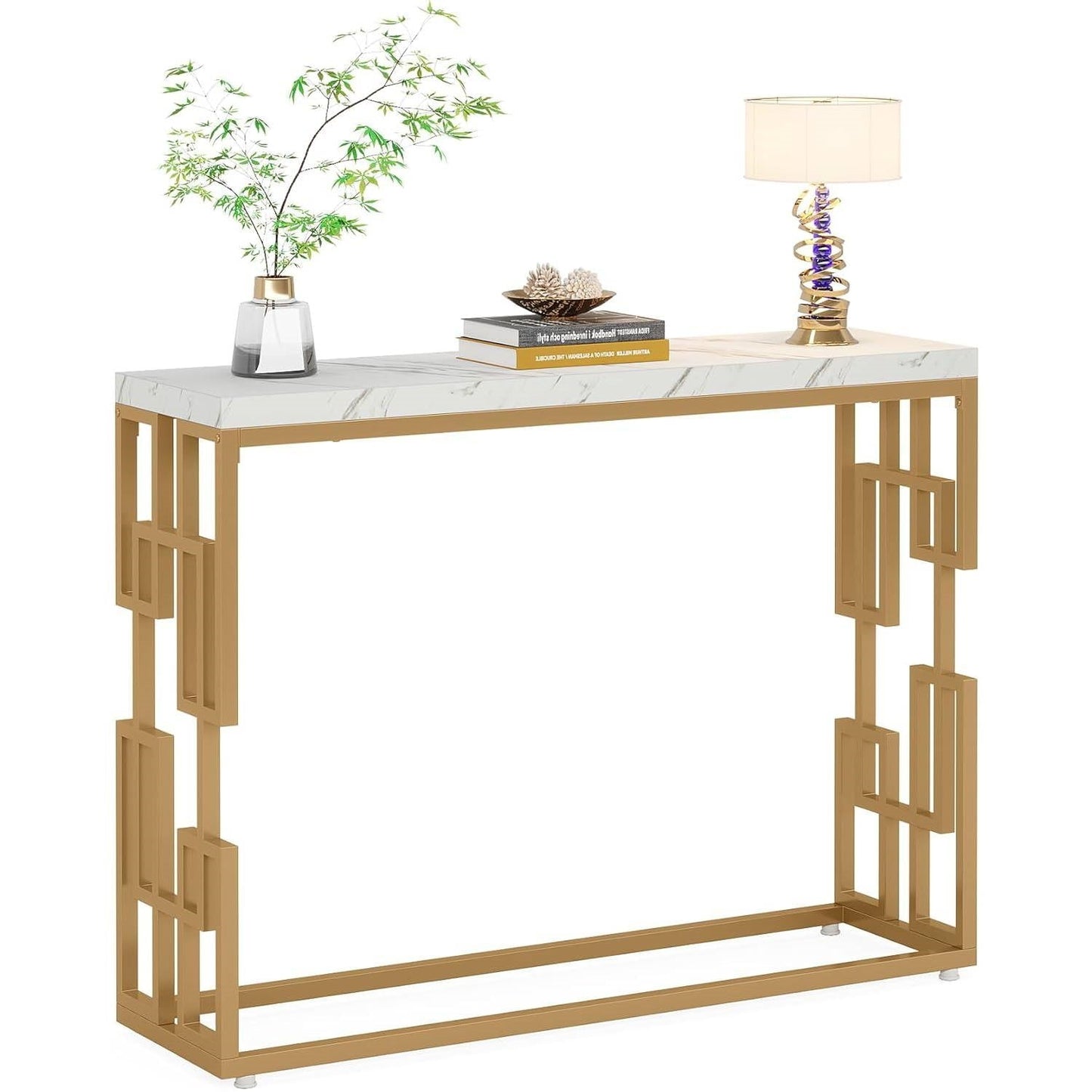 42-inch Modern Console Sofa Table with White Faux Marble Top and Gold Frame - Tampa Home & Garden Store