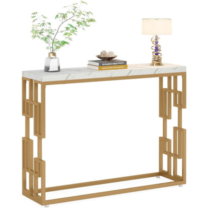 42-inch Modern Console Sofa Table with White Faux Marble Top and Gold Frame - Tampa Home & Garden Store