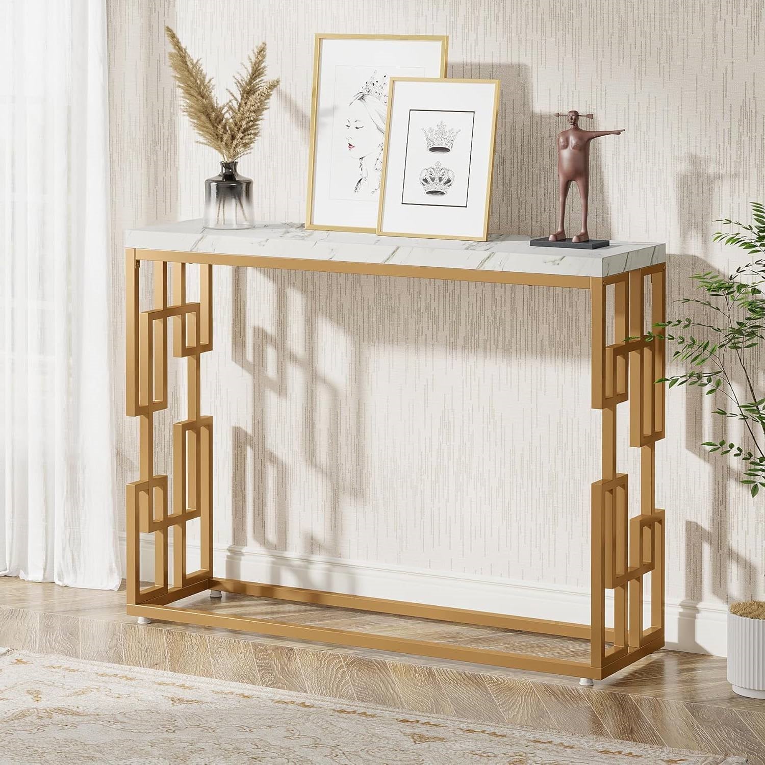 42-inch Modern Console Sofa Table with White Faux Marble Top and Gold Frame - Tampa Home & Garden Store