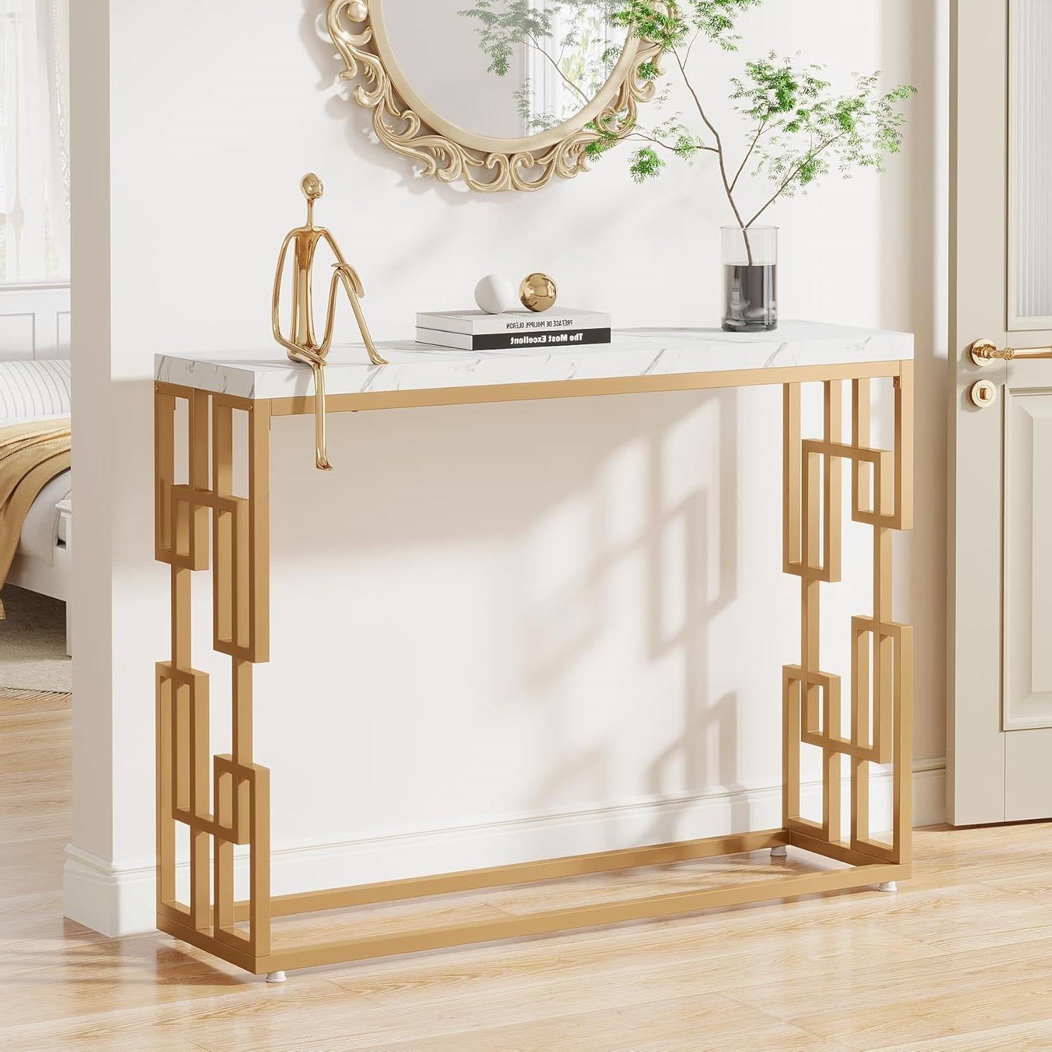 42-inch Modern Console Sofa Table with White Faux Marble Top and Gold Frame - Tampa Home & Garden Store