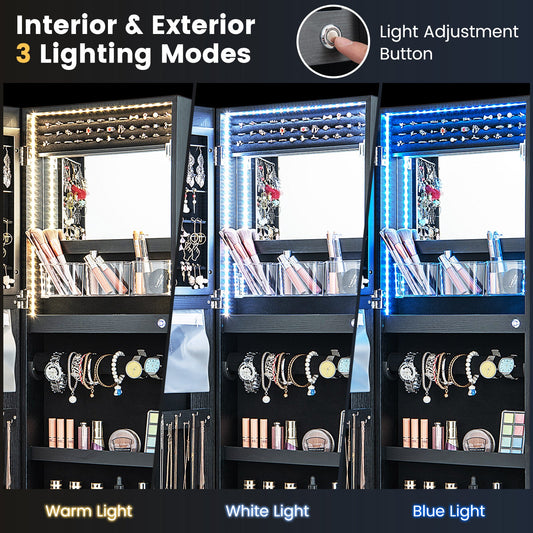 42.5 Inches Lockable Jewelry Mirror Wall Cabinet with 3-Color LED Lights-Black - Tampa Home & Garden Store