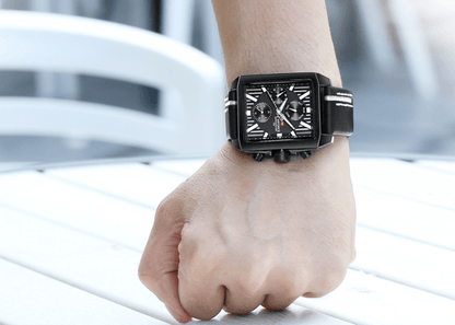 Men's waterproof watch with black leather strap, rectangular chronograph dial, Stevvex on Tampa Home & Garden Store