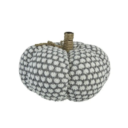 Knite pumpkin ornament crocheted in white and gray yarn with a twine stem on Tampa Home & Garden Store
