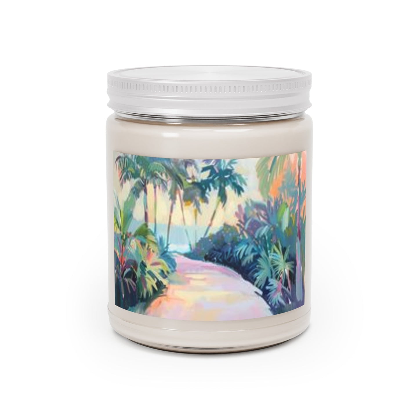 Tropical Path 9oz scented soy candle Mai Autumn with palm tree beach label and silver lid on Tampa Home & Garden Store