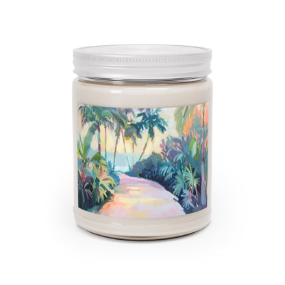 Tropical Path 9oz scented soy candle Mai Autumn with palm tree beach label and silver lid on Tampa Home & Garden Store