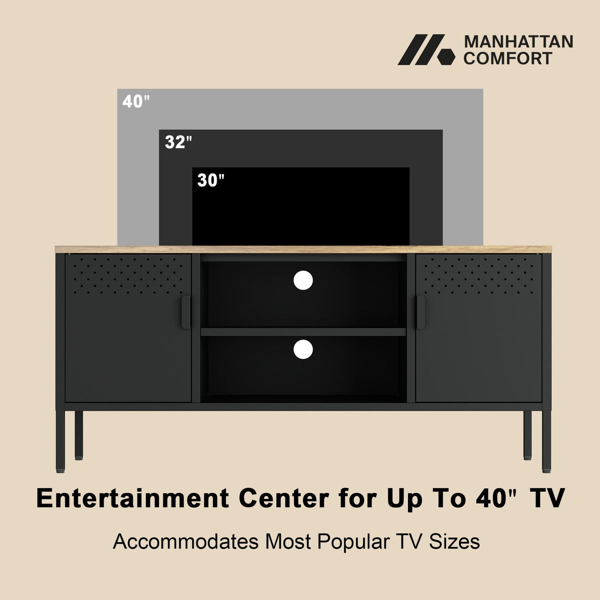 Storage Cabinet TV Stand by Manhattan Comfort with black steel frame and wood top dual cabinets on Tampa Home & Garden Store