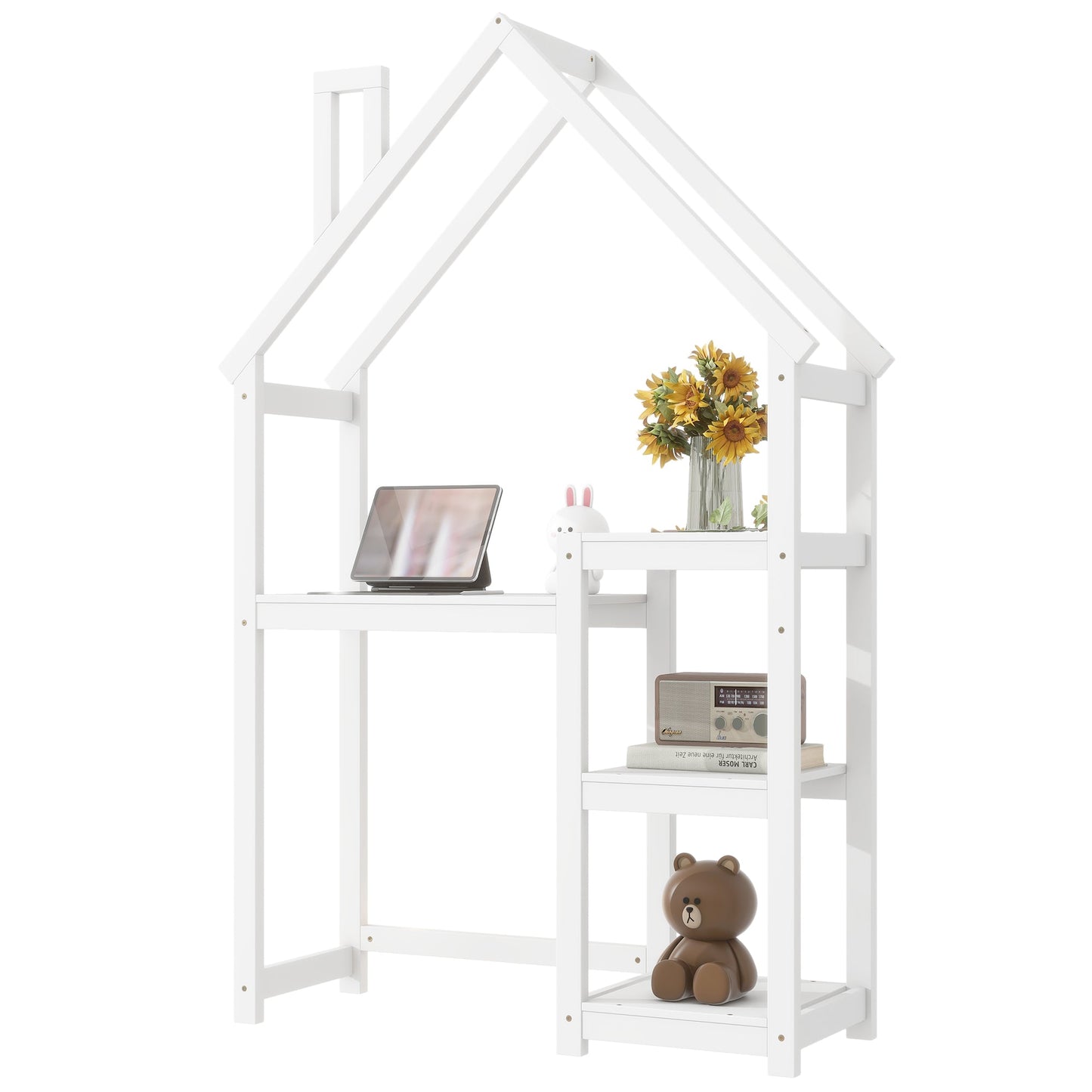 House-shaped Wooden writing Desk,Kids study Table,Bookshelf & Toy Storage,White - Tampa Home & Garden Store