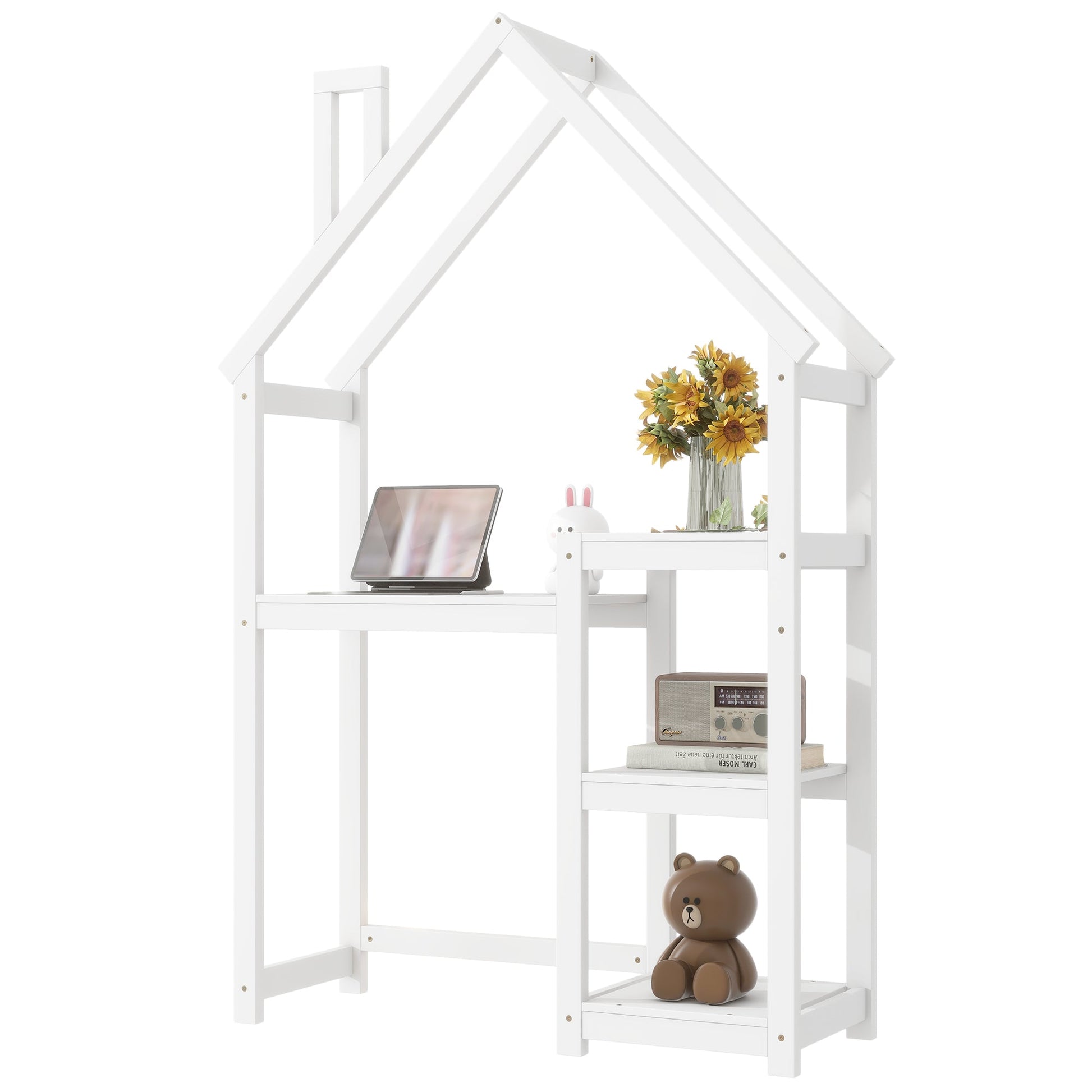 House-shaped Wooden writing Desk,Kids study Table,Bookshelf & Toy Storage,White - Tampa Home & Garden Store