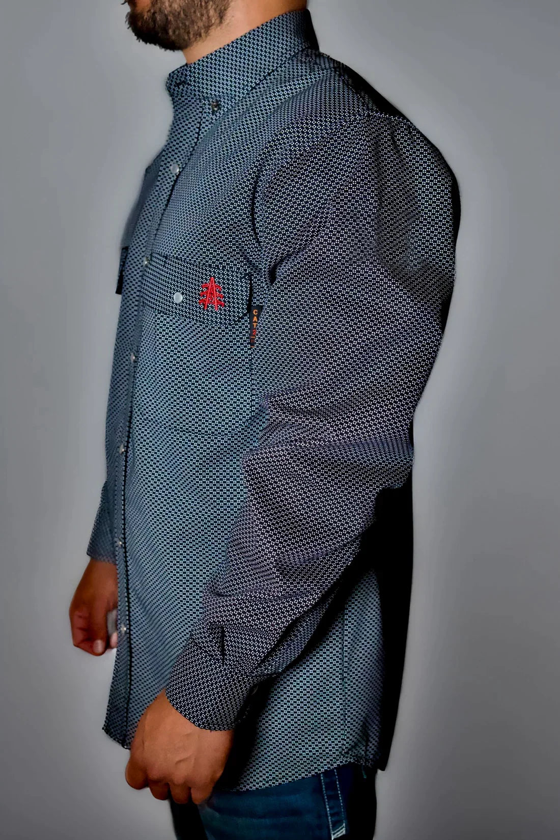 Static FR Pearl Snap Work Shirt Shadow Black with microdot pattern and red tree logo on chest on Tampa Home & Garden Store