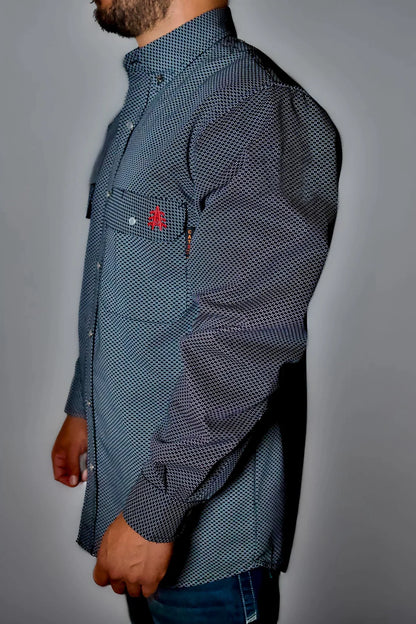 Static FR Pearl Snap Work Shirt Shadow Black with microdot pattern and red tree logo on chest on Tampa Home & Garden Store