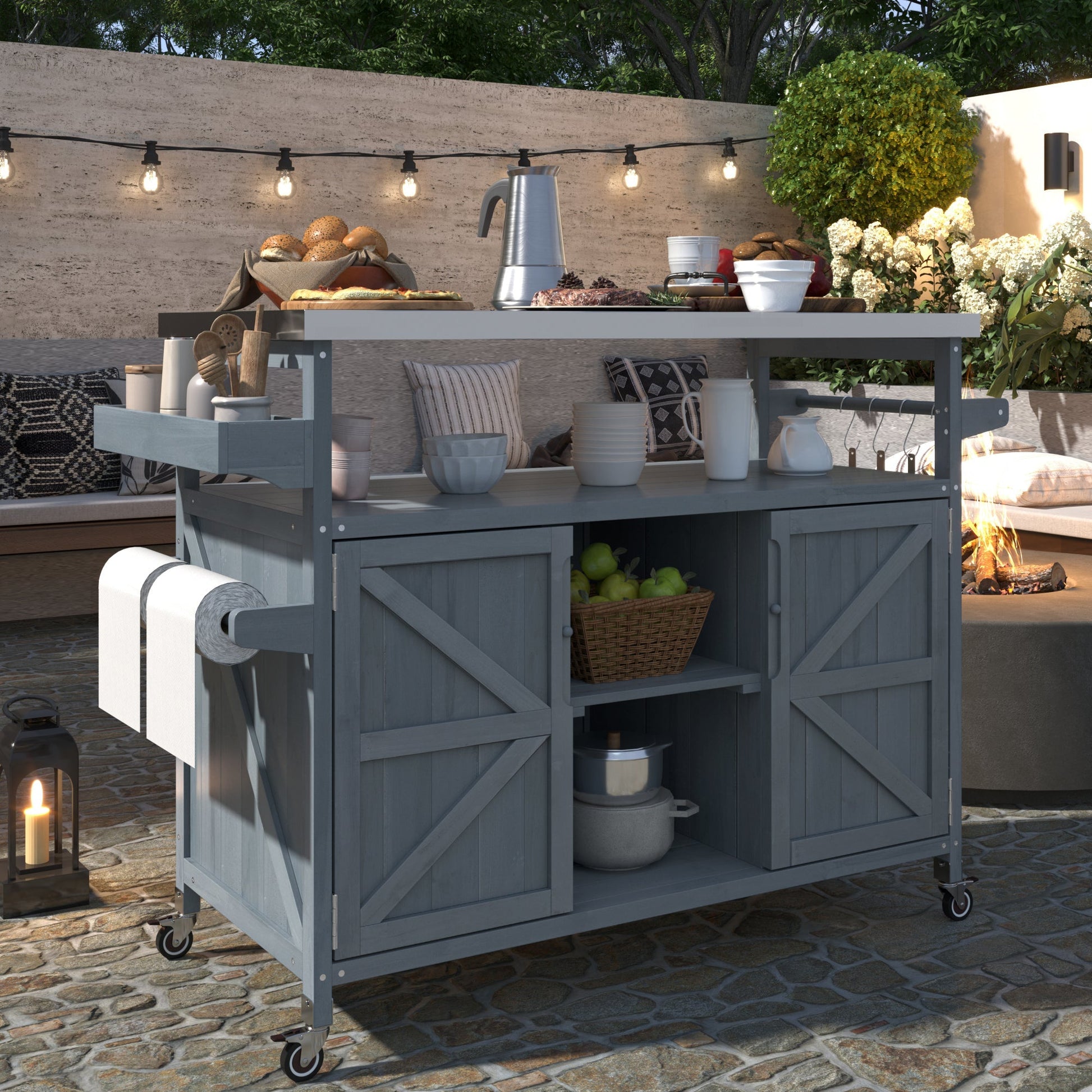 K&K Outdoor Kitchen Island rolling bar cart with storage, gray wood finish, on wheels on Tampa Home & Garden Store