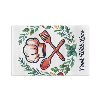 Cook With Love Tea Towel by Mai Autumn microfiber towel with utensils and leaves on Tampa Home & Garden Store