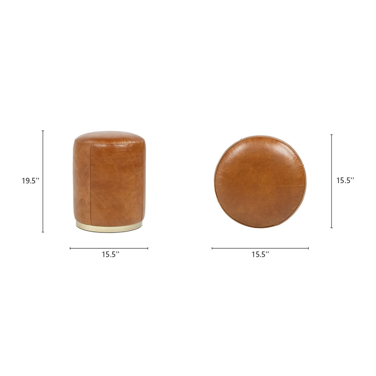 Brown leather round ottoman stool with brass base by HouseOfZazla, 15.5in dia, 19.5in h on Tampa Home & Garden Store