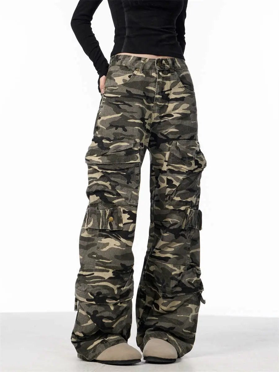 Camouflage cargo pants for women with loose wide-leg fit, green camo print and cargo pockets on Tampa Home & Garden Store