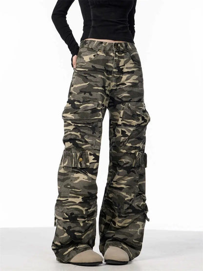 Camouflage cargo pants for women with loose wide-leg fit, green camo print and cargo pockets on Tampa Home & Garden Store