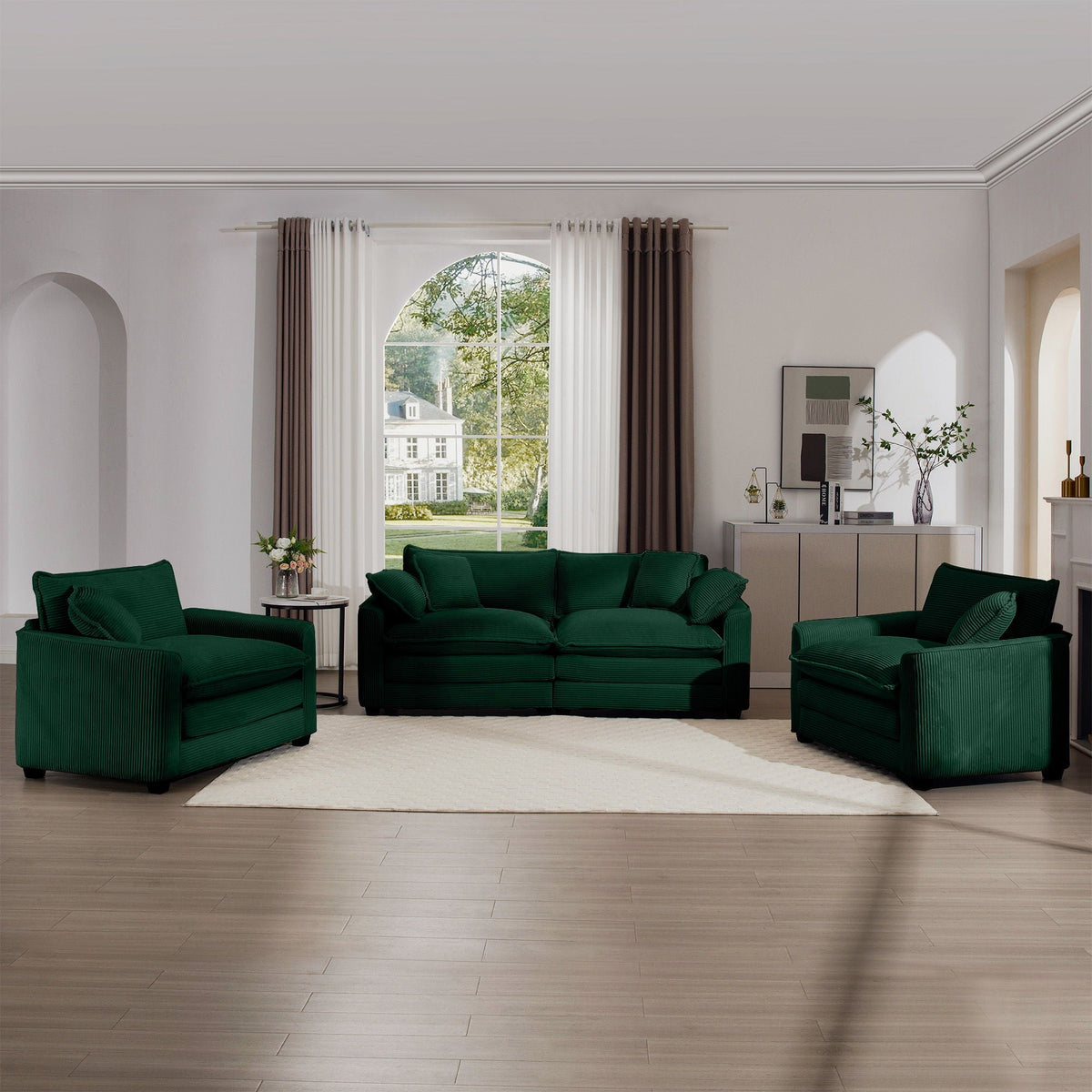 Elegant 3-piece sectional sofa set emerald green corduroy with deep seats on Tampa Home & Garden Store