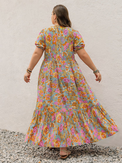 Stevvex Plus Size V-Neck Short Sleeve Maxi Dress in light blue floral print with pink blooms on Tampa Home & Garden Store