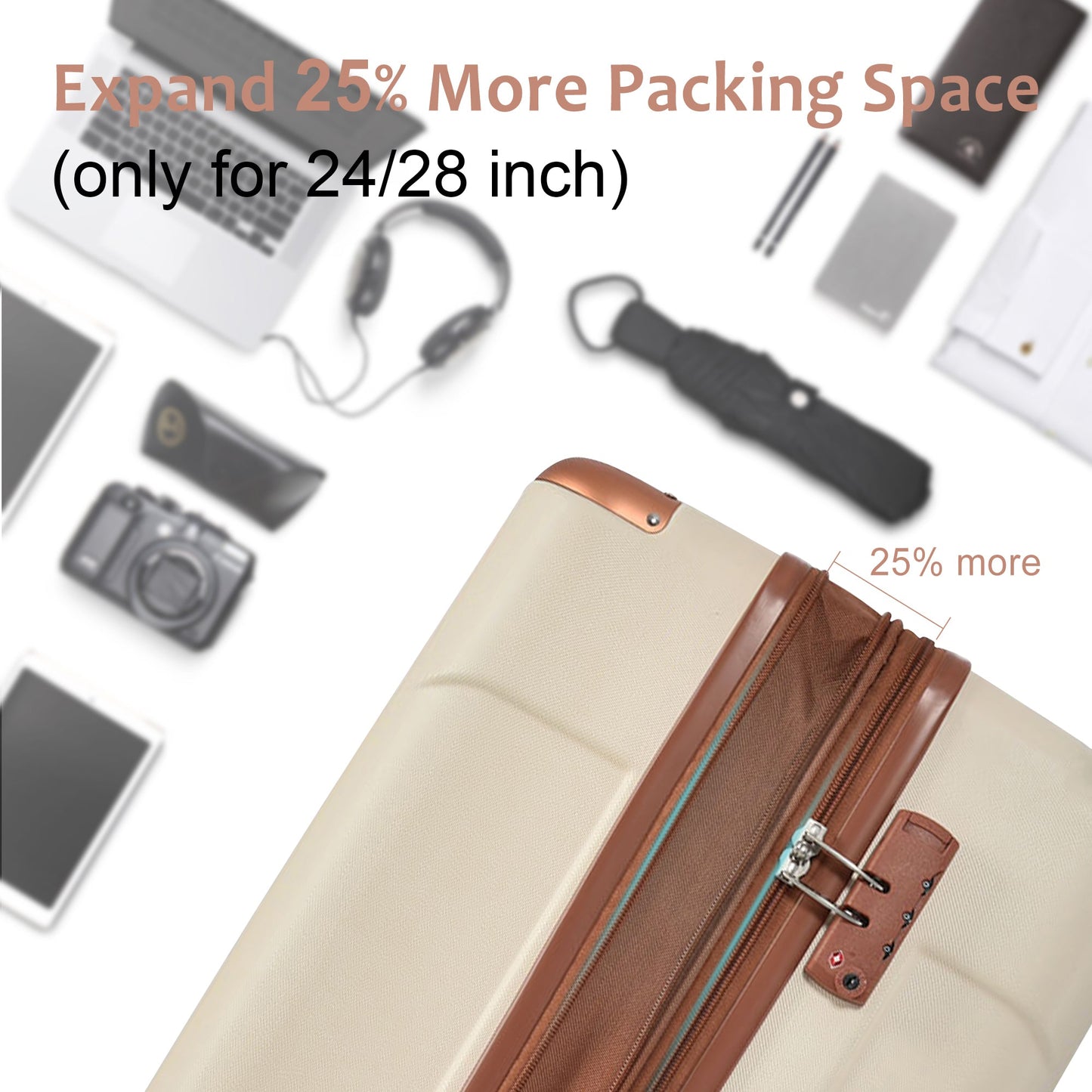 HouseOfZazla 3-piece expandable hard shell luggage set with TSA lock beige with brown trim on Tampa Home & Garden Store