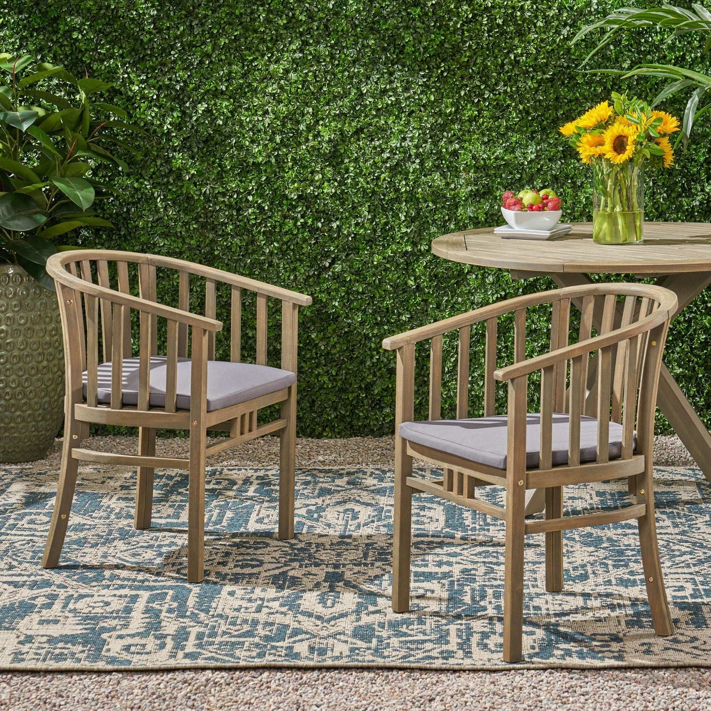 Outdoor Wooden Dining Chairs With Cushions (Set of 2) HouseOfZazla around table with sunflowers on Tampa Home & Garden Store