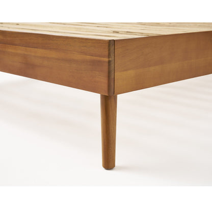 Mid-Century wood platform bed corner in light brown with visible slats and single leg on Tampa Home & Garden Store
