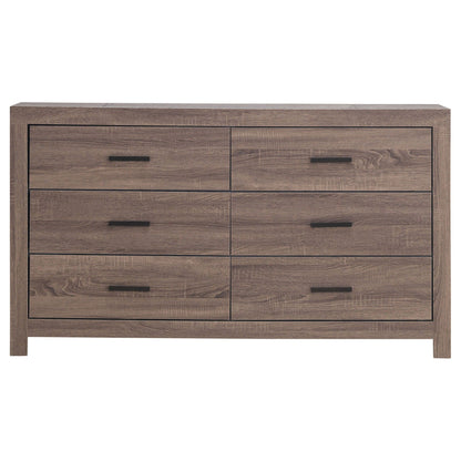 Geary slatted headboard panel bedroom set dresser in dark wood grain with black handles on Tampa Home & Garden Store